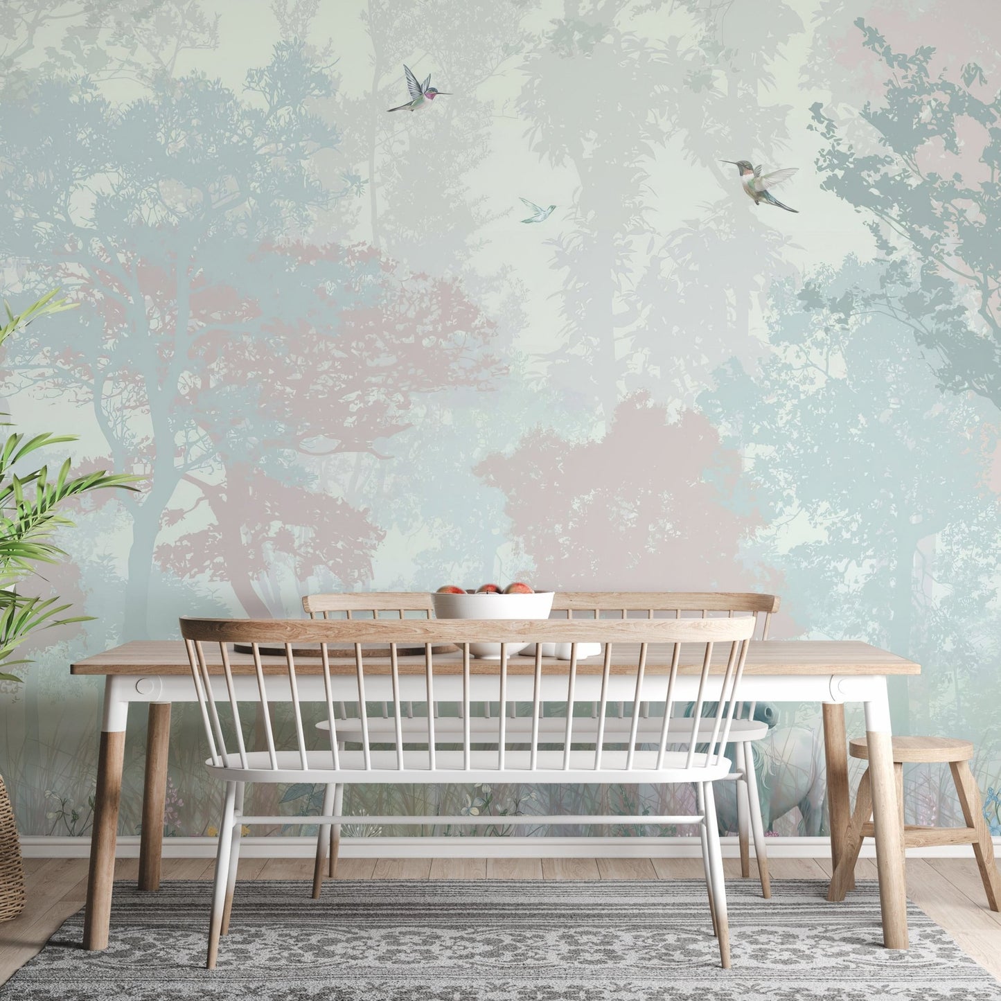 Neutral toned enchanted forest wall mural with artistic plant life.
