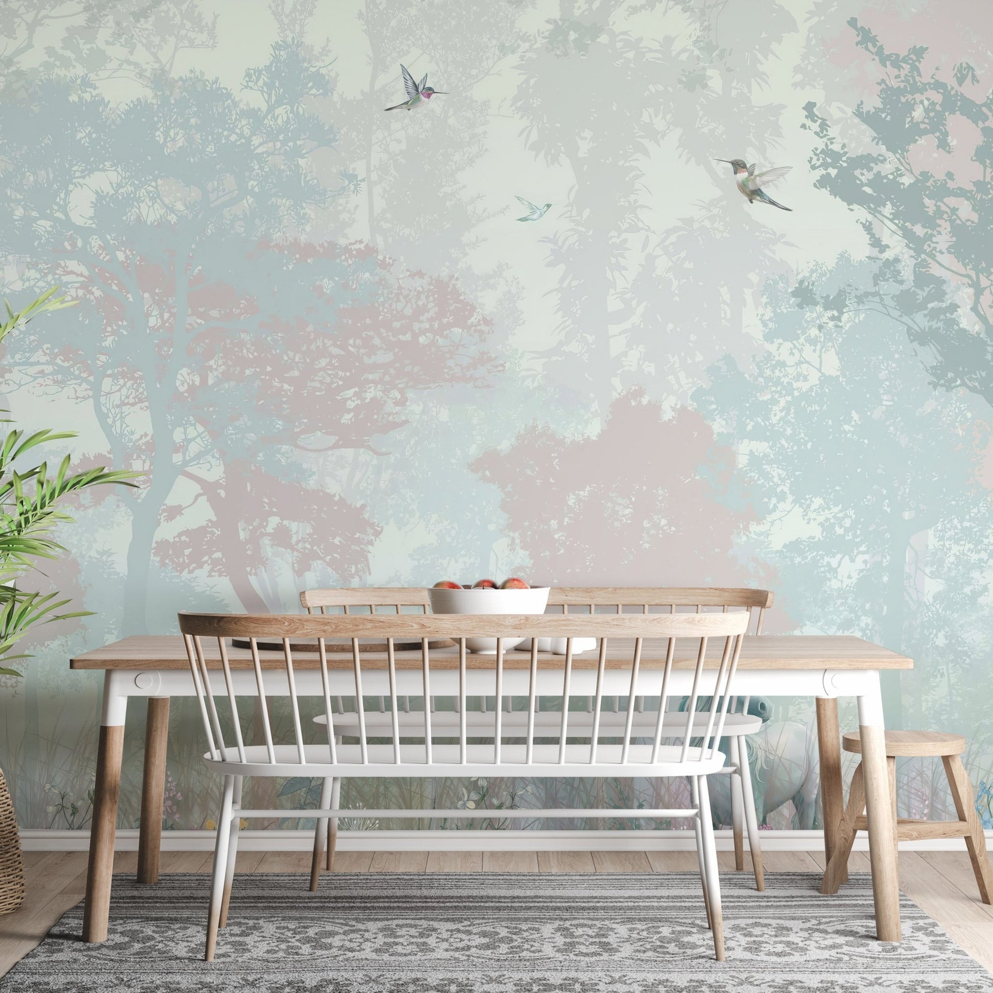 Neutral toned enchanted forest wall mural with artistic plant life.