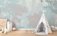 Magical forest kids wallpaper mural with light watercolor tree silhouettes.