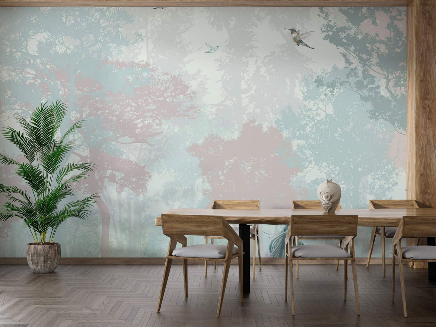 Pastel forest wall mural featuring hummingbirds and soft green trees.