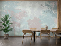 Pastel forest wall mural featuring hummingbirds and soft green trees.