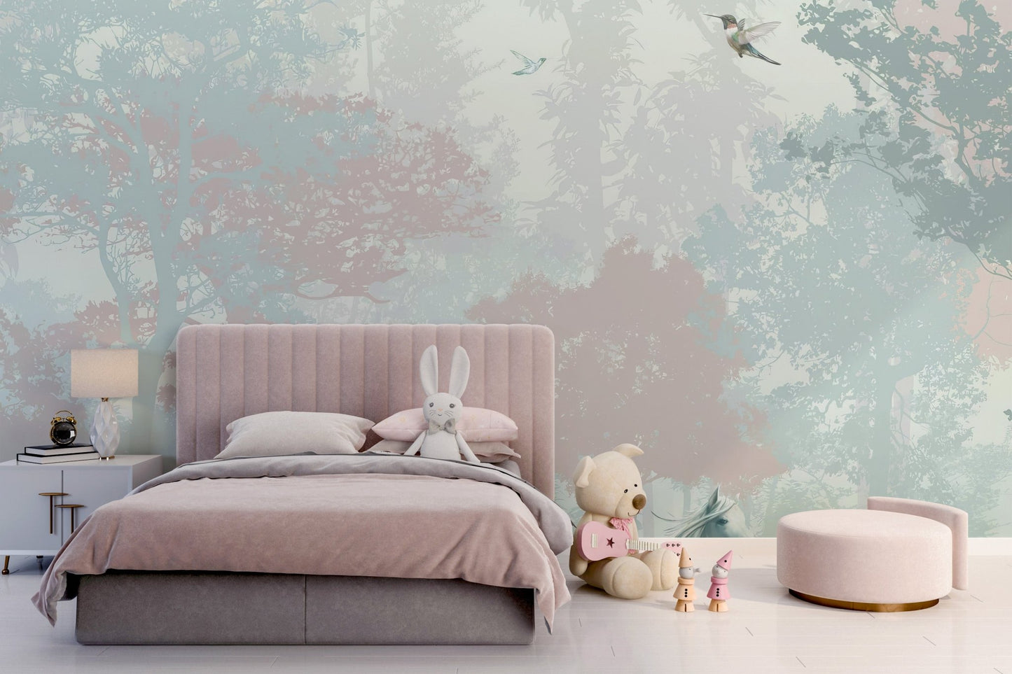 Ethereal forest scene wall mural with wildflowers and flying birds.