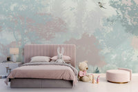 Ethereal forest scene wall mural with wildflowers and flying birds.