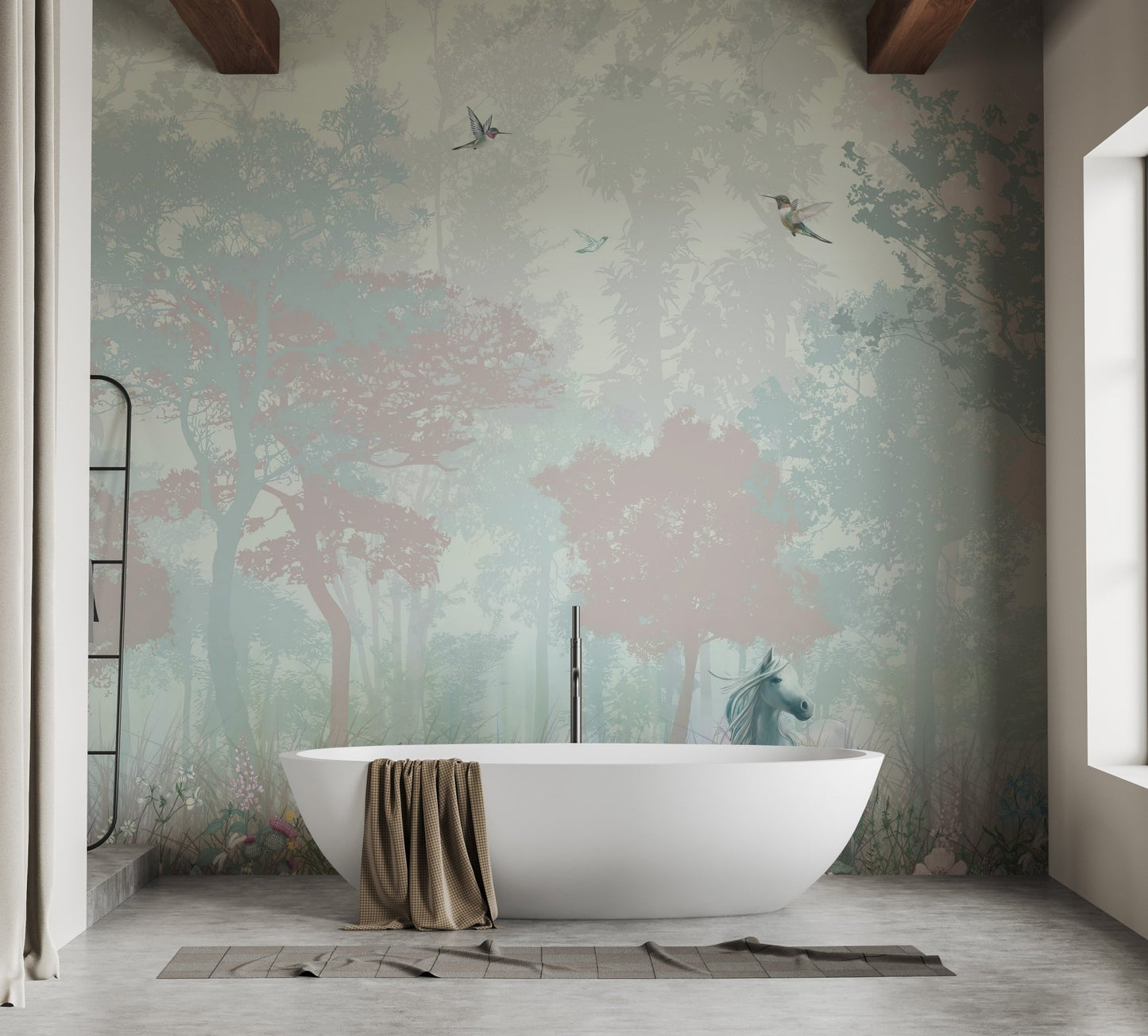 Magical forest kids wallpaper mural with white horse and pink flowers.