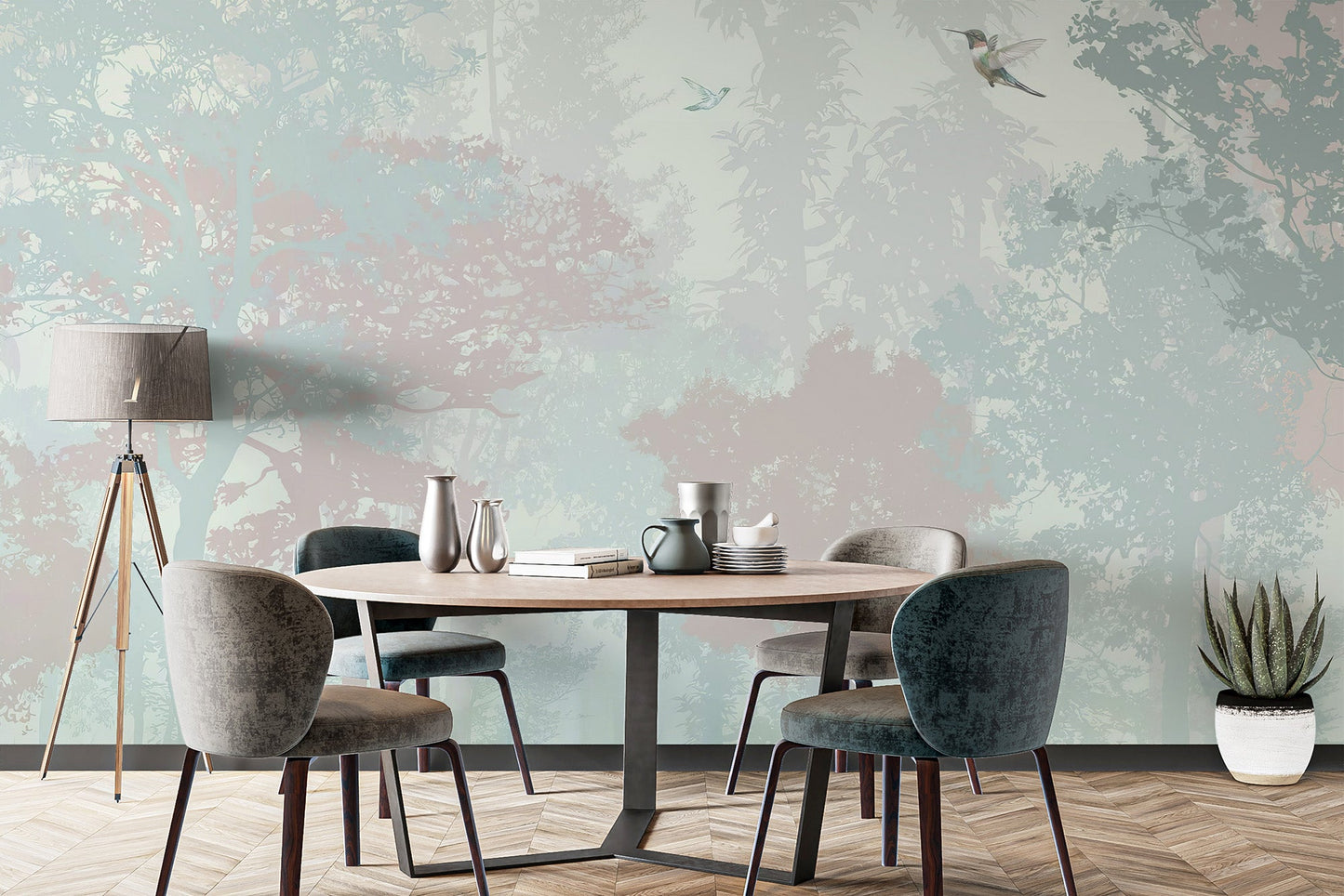 Soft colored forest wall mural for creating a serene feature wall.