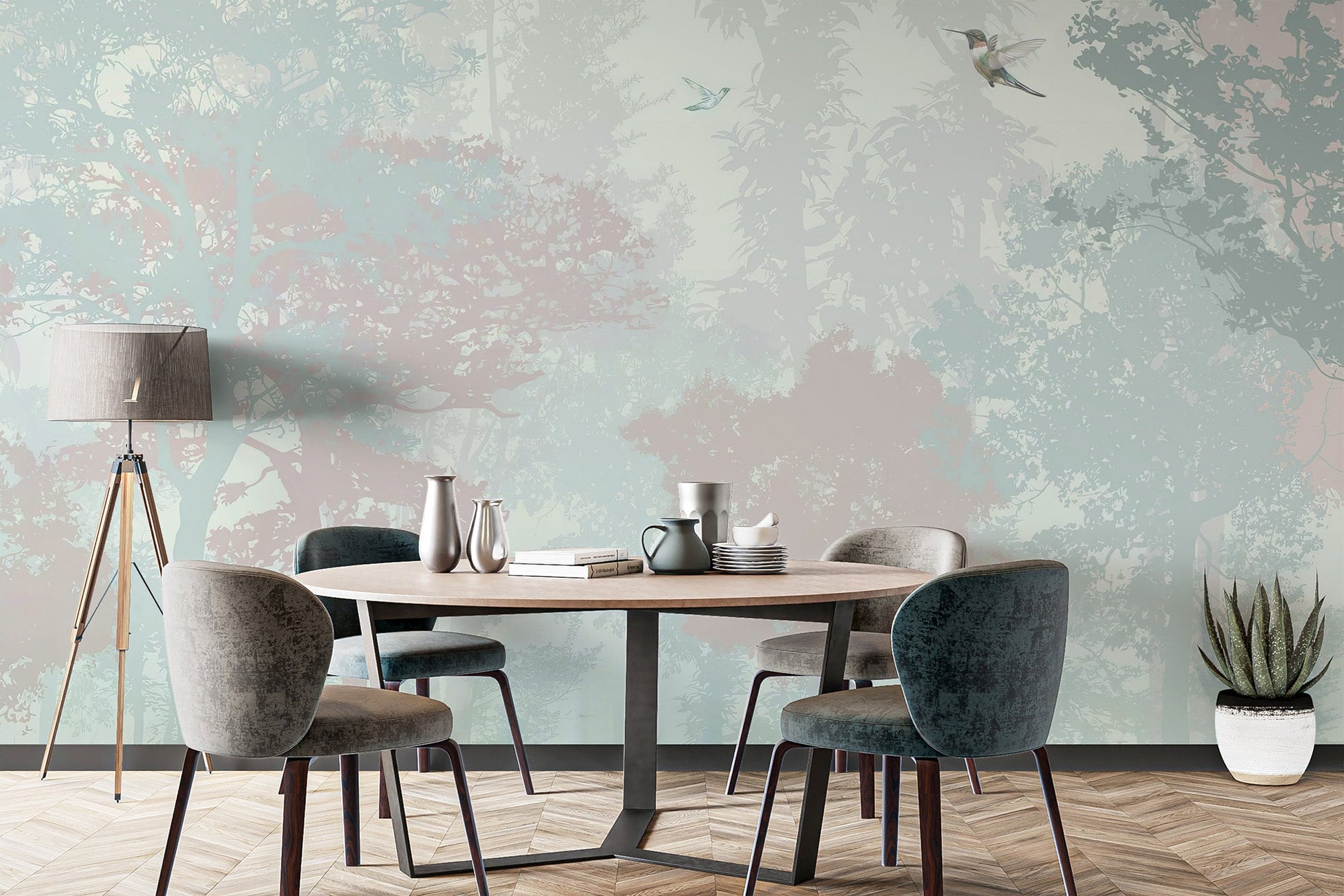 Soft colored forest wall mural for creating a serene feature wall.
