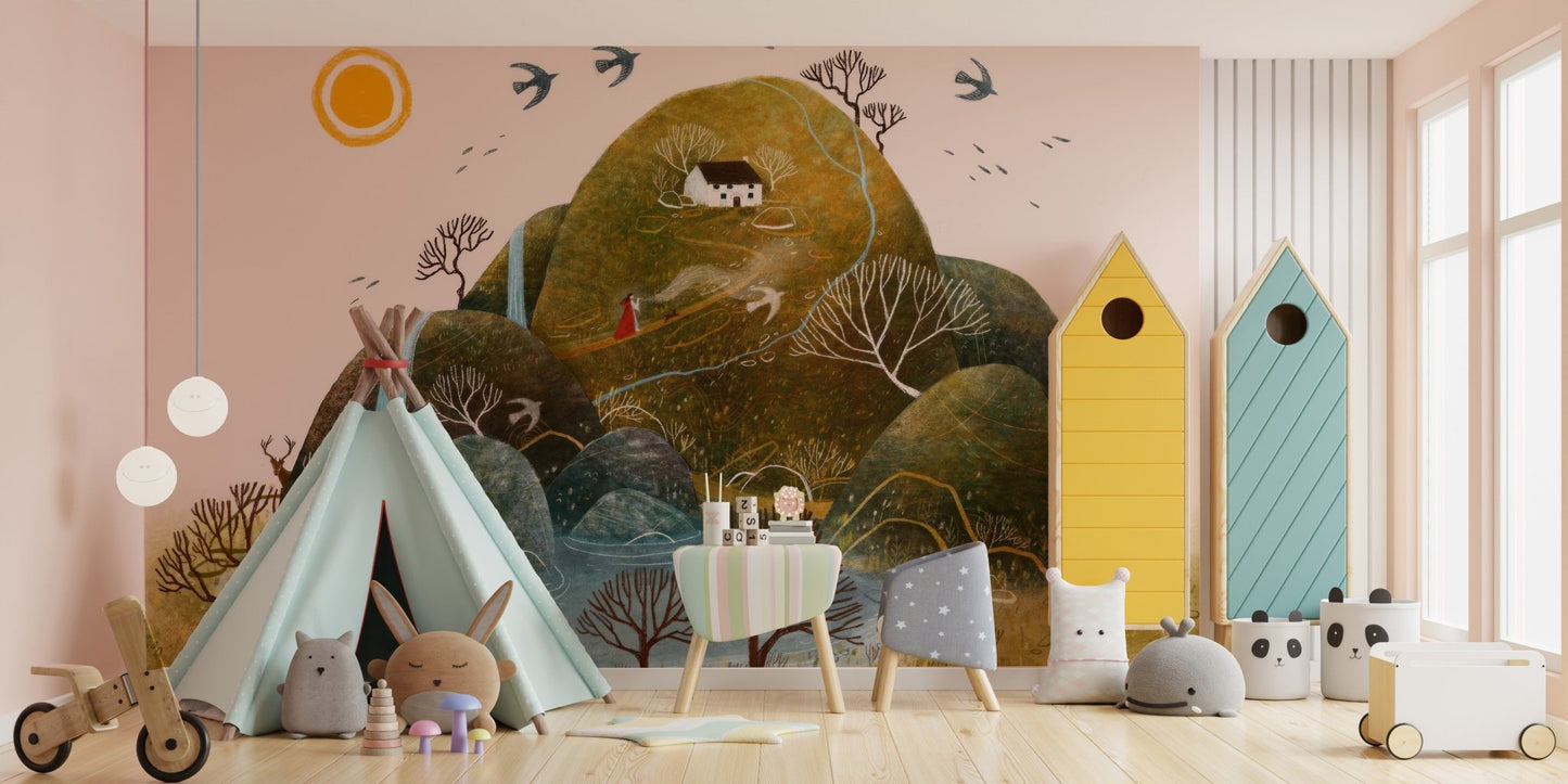 Artistic hill and waterfall wall mural in soft watercolor style.