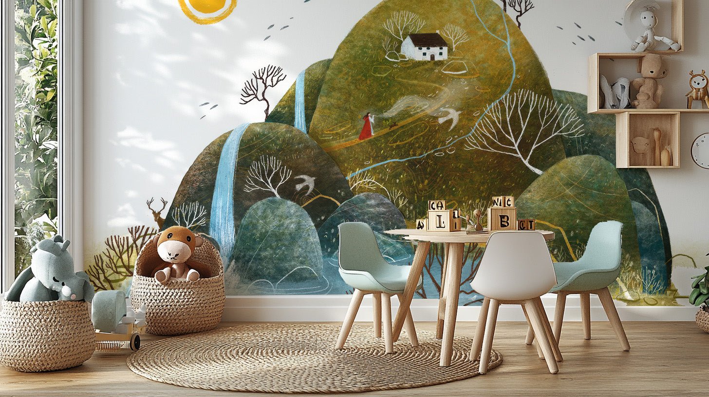 Illustrated hillscape wallpaper mural with flowing stream design.