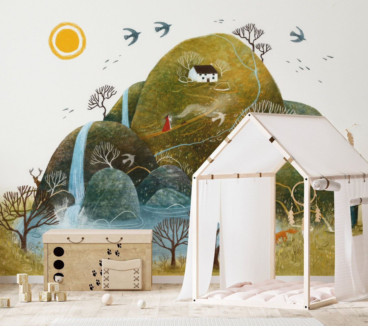 Whimsical mountain landscape wallpaper mural with river and cottage.