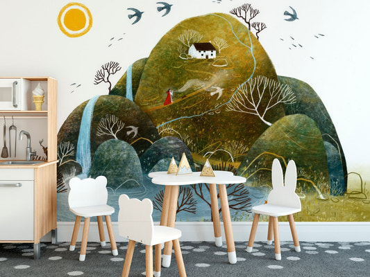 Magical hillscape adventure wallpaper mural with sunlit hills and waterfall.
