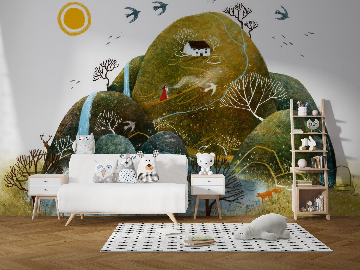 Fantasy countryside wallpaper mural with sun and flying birds.