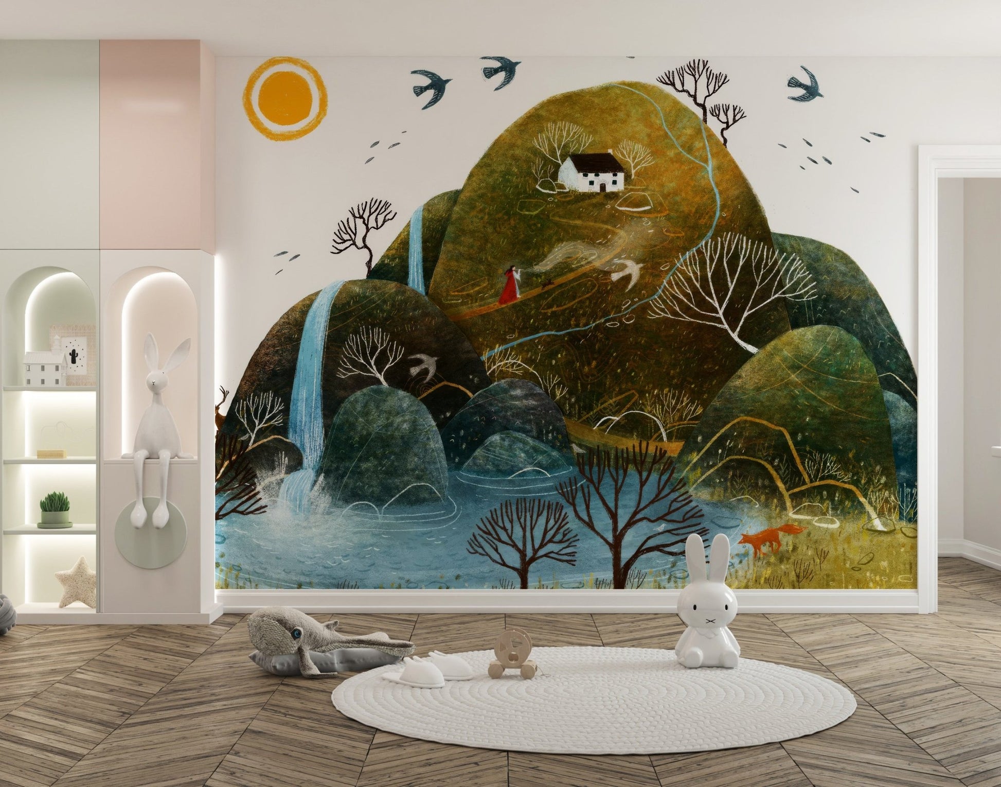 Calm hillscape scene wallpaper mural with river and forest details.