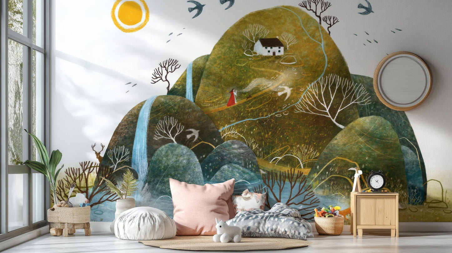 Painterly hillscape wall mural in modern artistic style.