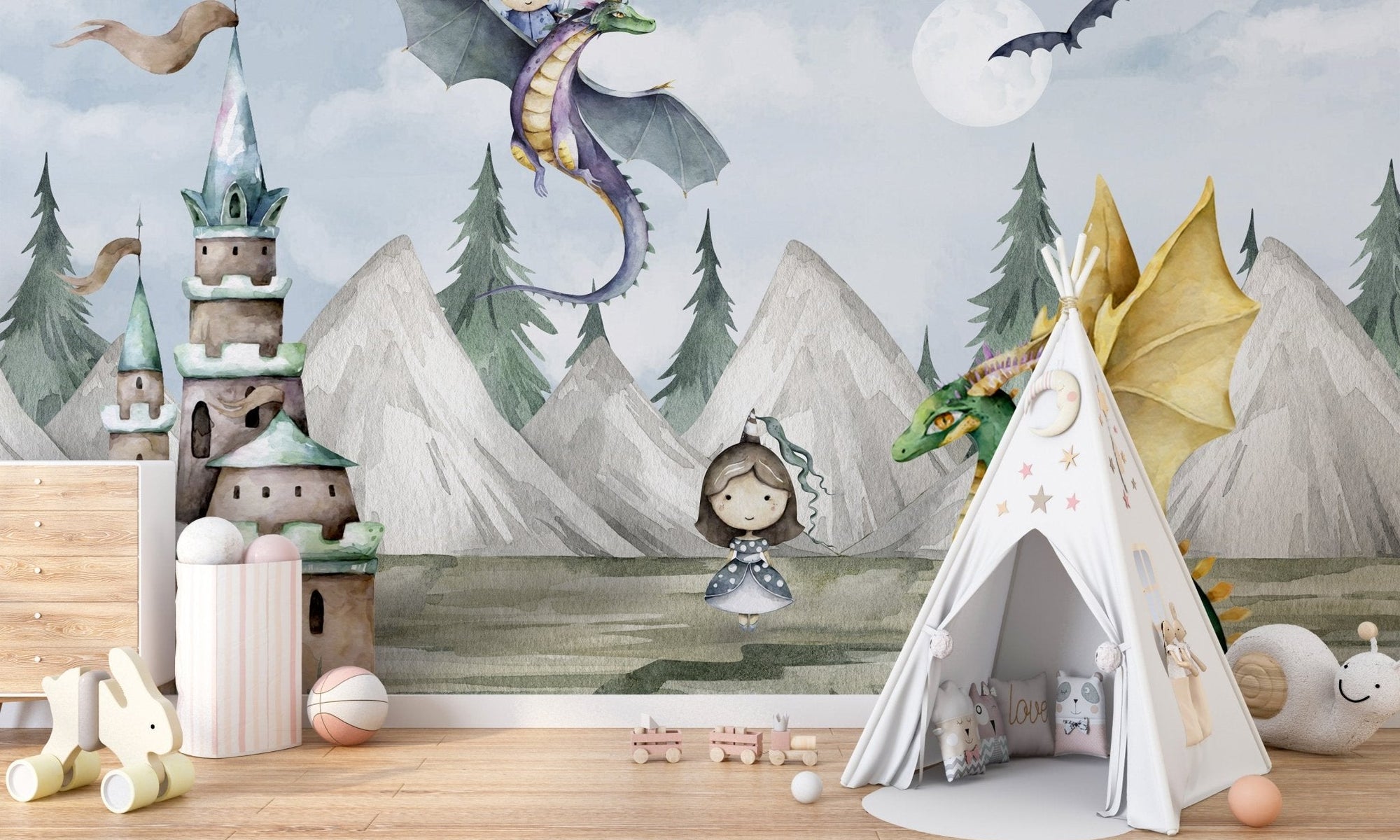 Magical kingdom wall mural with castle and pine trees.