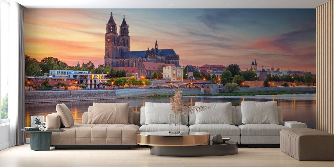 High-resolution magdeburg city view wall mural in a minimalist apartment living area.