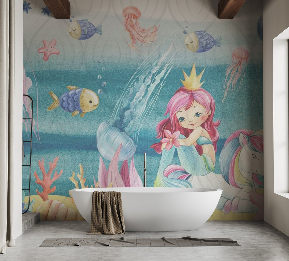 Pink haired mermaid princess sitting on a sea horse wall mural.