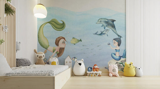 Magical mermaids girls room wallpaper with a message in a bottle.