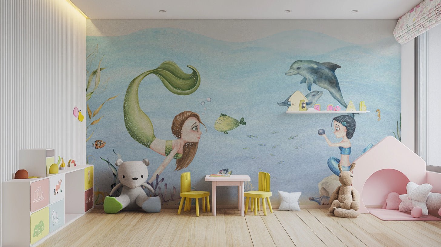 Magical mermaids girls room wallpaper featuring watercolor sea creatures.