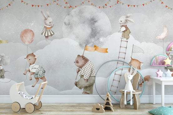 Scandinavian inspired magical moon wallpaper wall mural design.