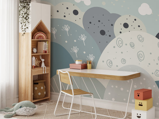 Magical Mountain Land Wall Murals in a kids study area with a wooden desk and chair.