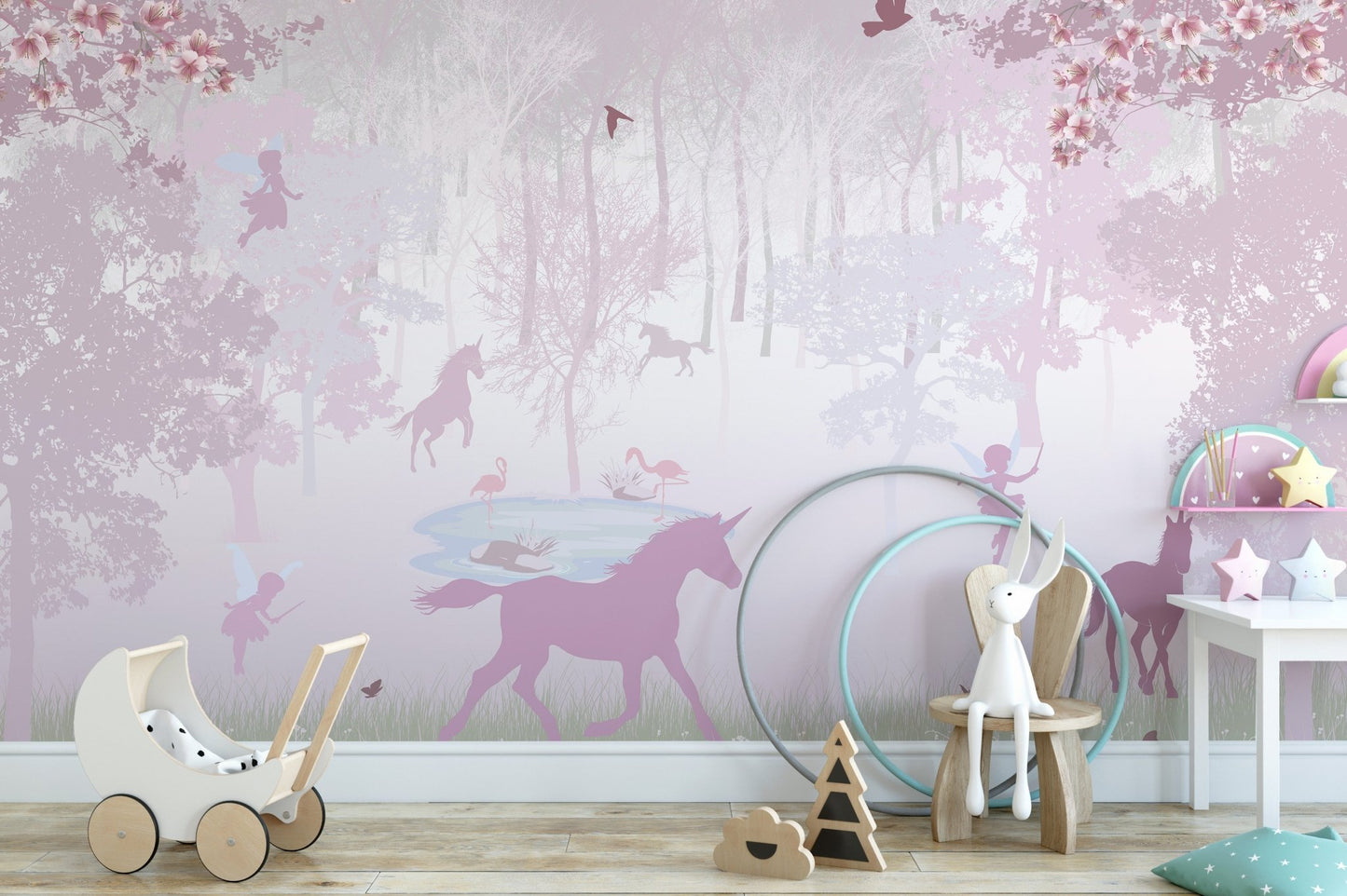 Unicorn paradise pink-themed mural wallpaper
