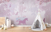 Fairy tale pink unicorn wallpaper mural
