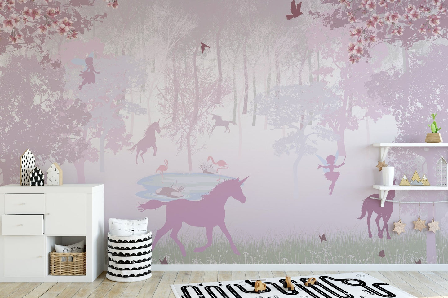 Pink mural featuring magical unicorn wallpaper
