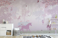 Pink mural featuring magical unicorn wallpaper
