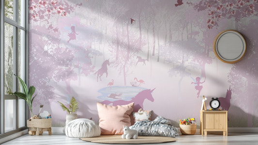 Pink unicorn wall mural in a kids bedroom with cushions and soft daylight