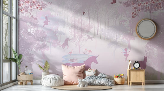 Pink unicorn wall mural in a kids bedroom with cushions and soft daylight
