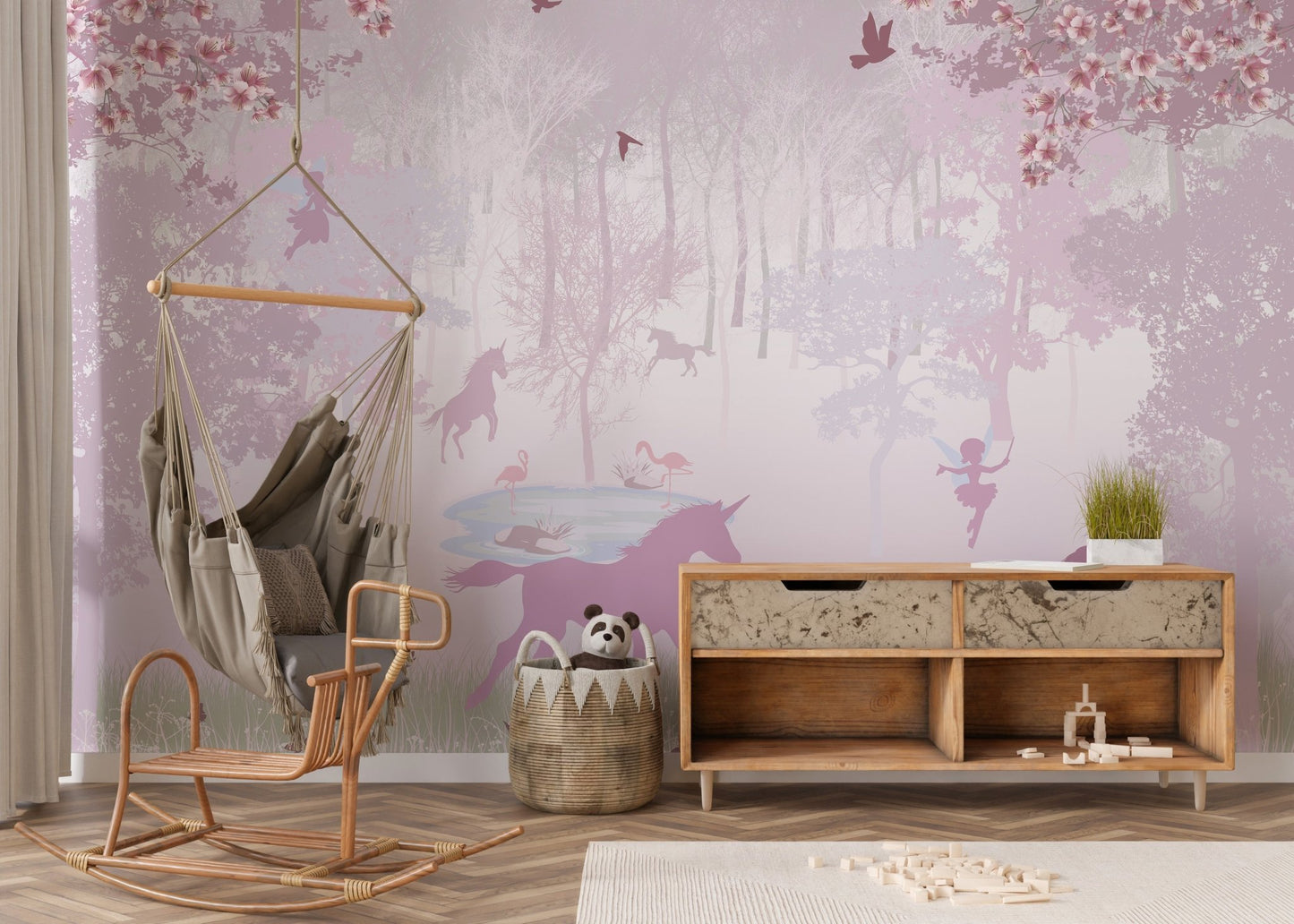 Unicorn-themed magical pink wallpaper mural
