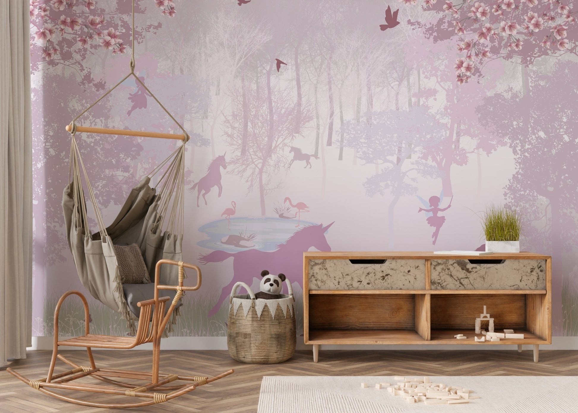 Unicorn-themed magical pink wallpaper mural
