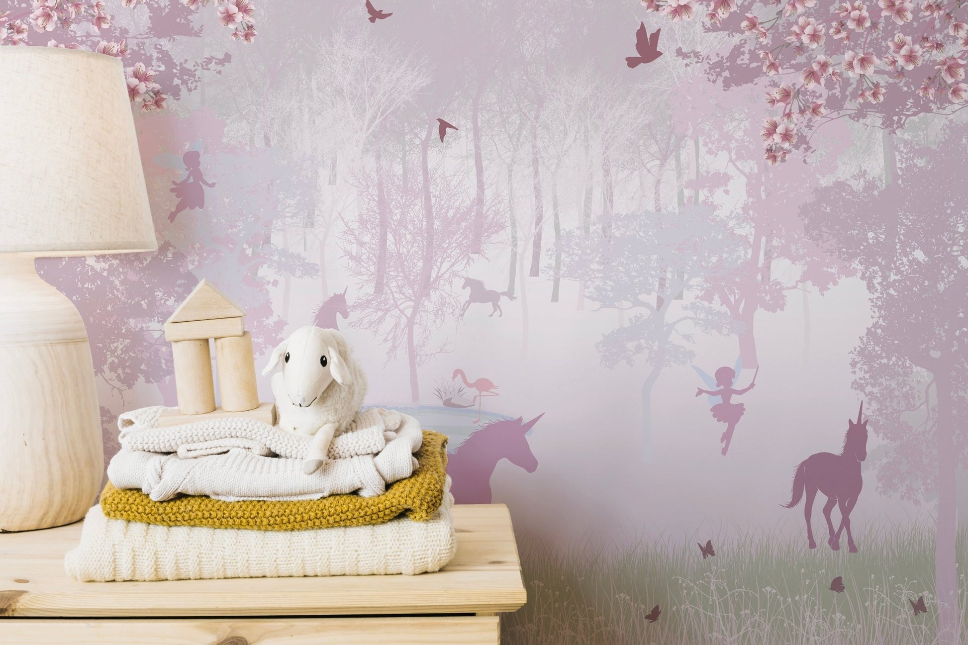 Enchanting unicorn-themed pink mural wallpaper



