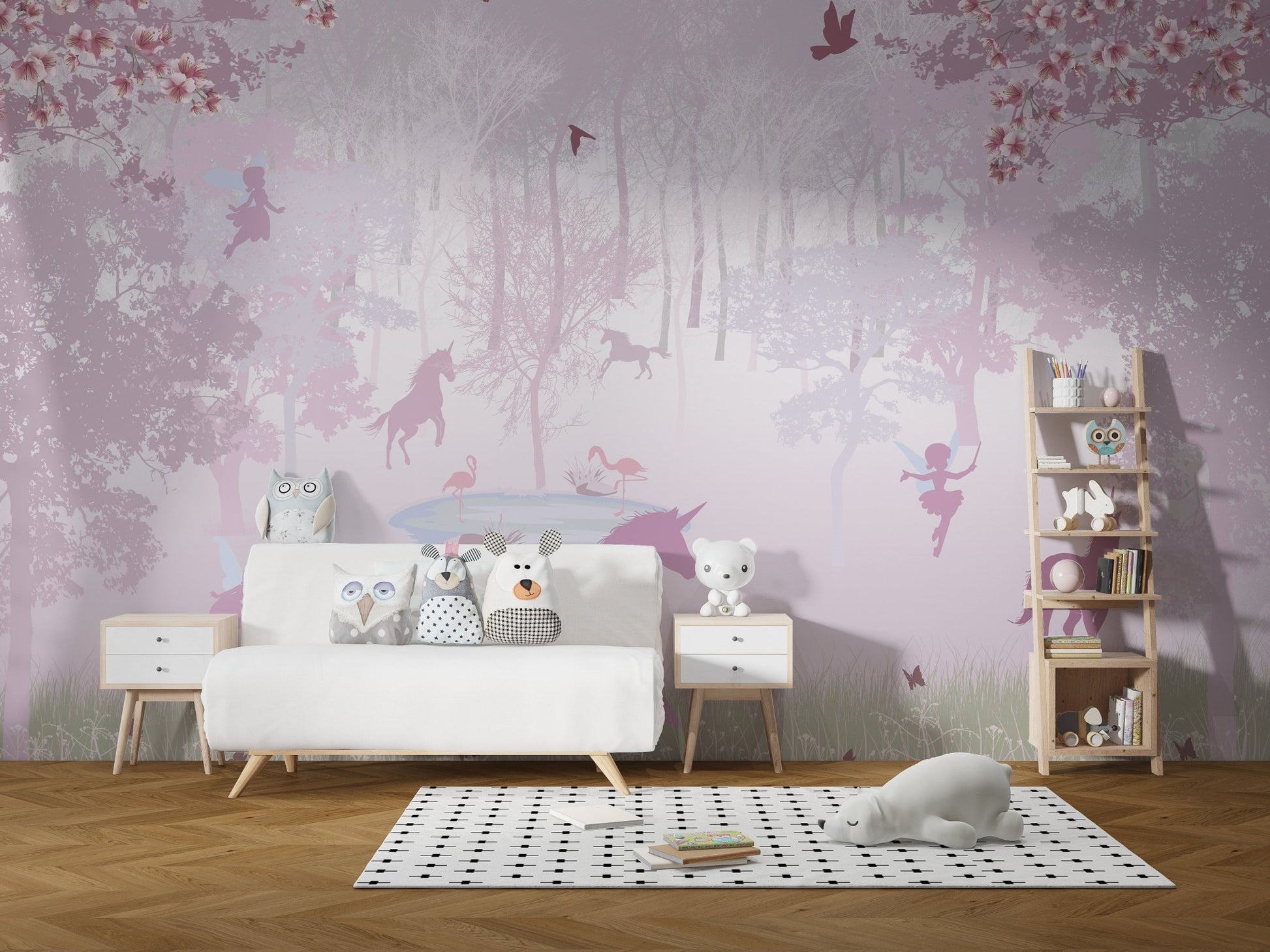 Whimsical unicorn design on pink mural
