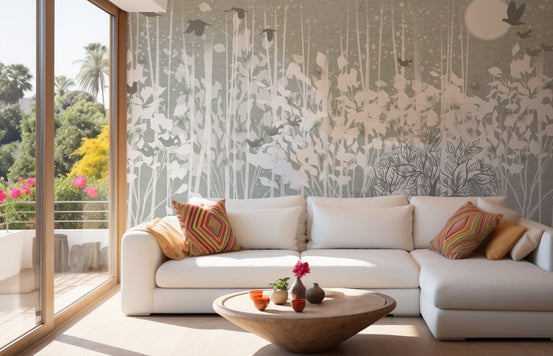Magical Snowy Forest Wall Scenery Murals in a living room with a white sectional sofa.