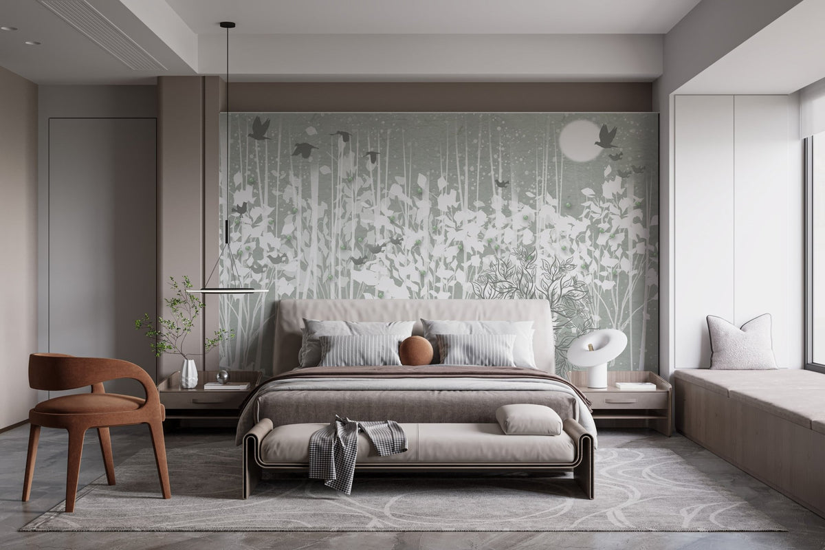 Contemporary bedroom featuring a grey forest wall mural behind a low bed.