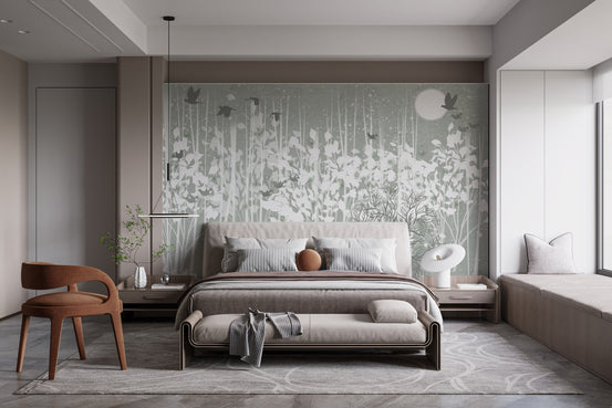 Contemporary bedroom featuring a grey forest wall mural behind a low bed.