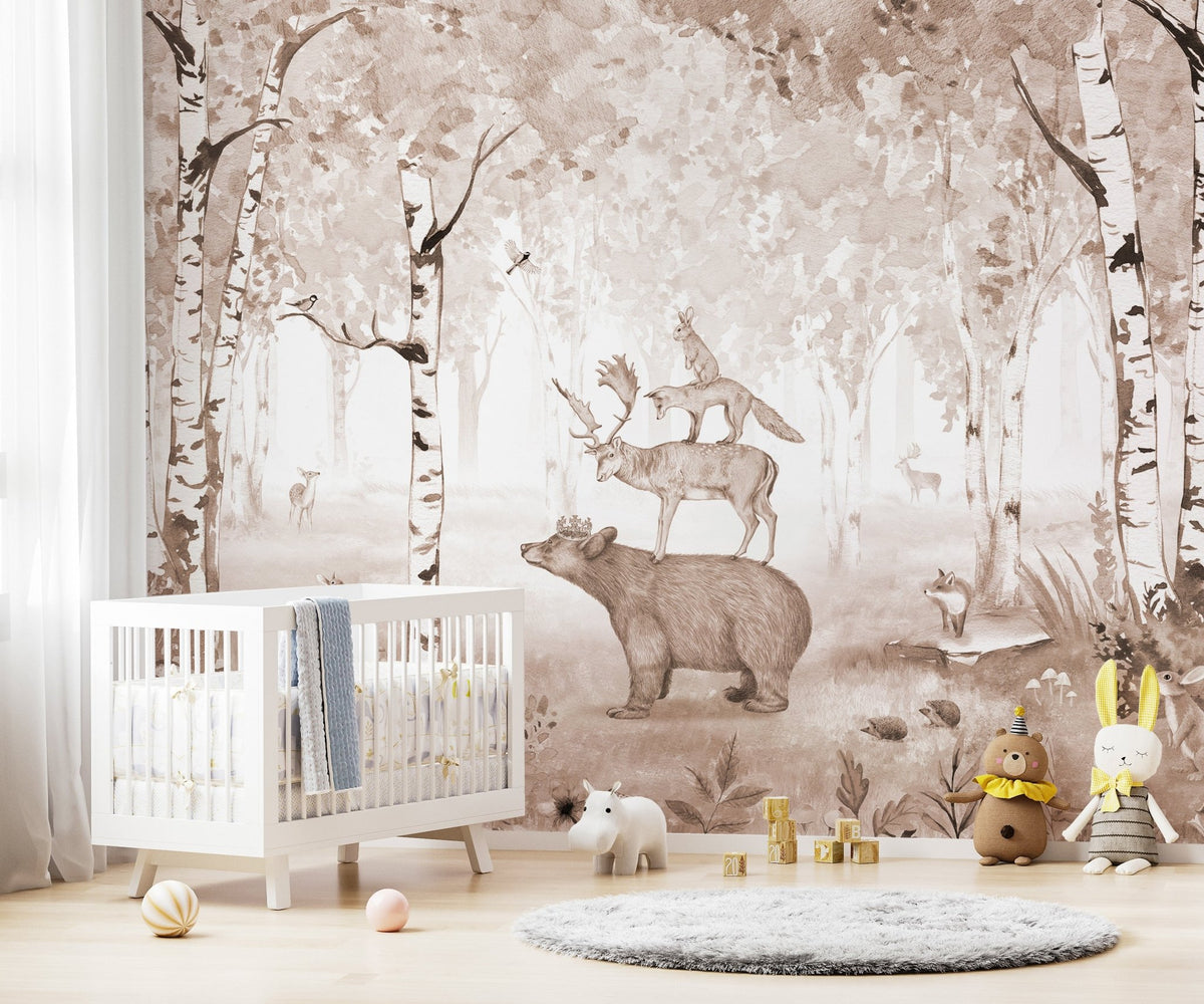 Artistic majestic bear deer wall mural with a sepia watercolor finish on textured paper.