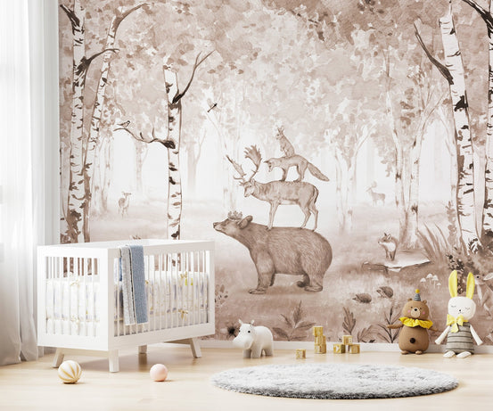 Artistic majestic bear deer wall mural with a sepia watercolor finish on textured paper.