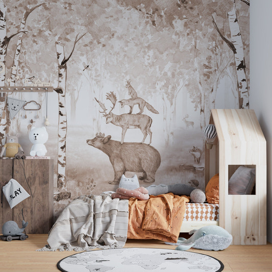 Sepia forest wallpaper featuring a majestic bear deer wall mural with birch trees.