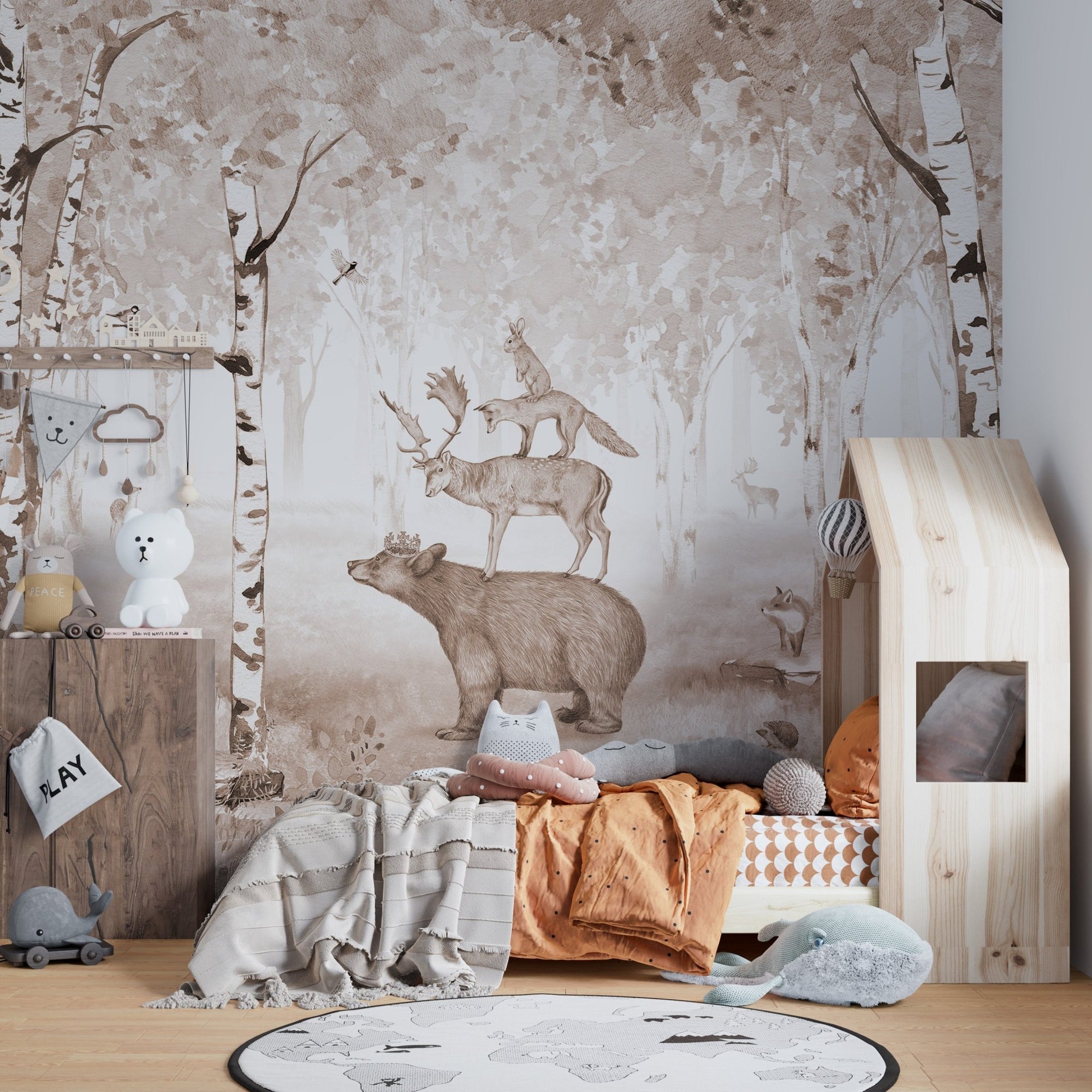 Sepia forest wallpaper featuring a majestic bear deer wall mural with birch trees.