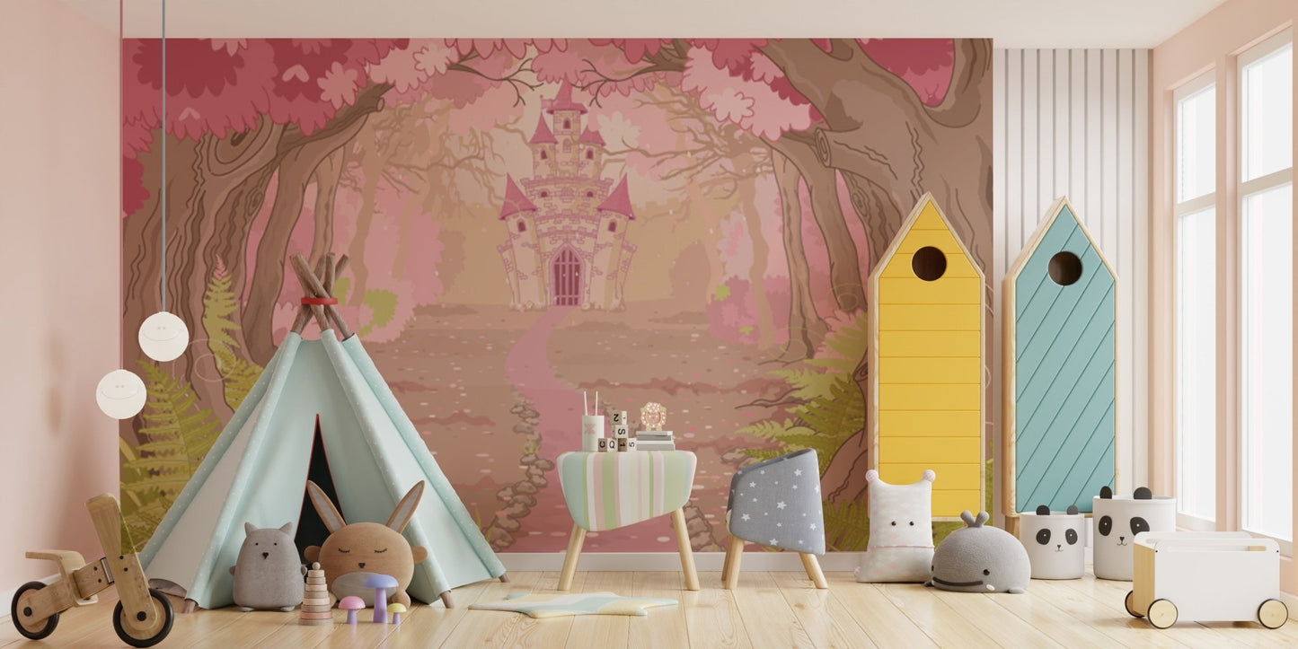 Majestic castle mural showcasing a fairytale-inspired dream scene in playroom.
