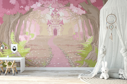 Majestic dream castle mural with a magical and enchanting design in kids space.

