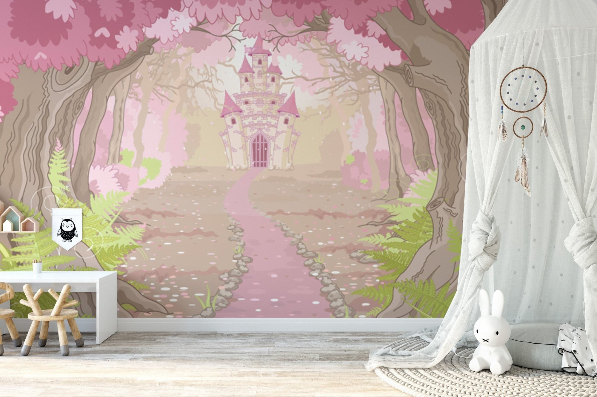 Majestic dream castle mural with a magical and enchanting design in kids space.

