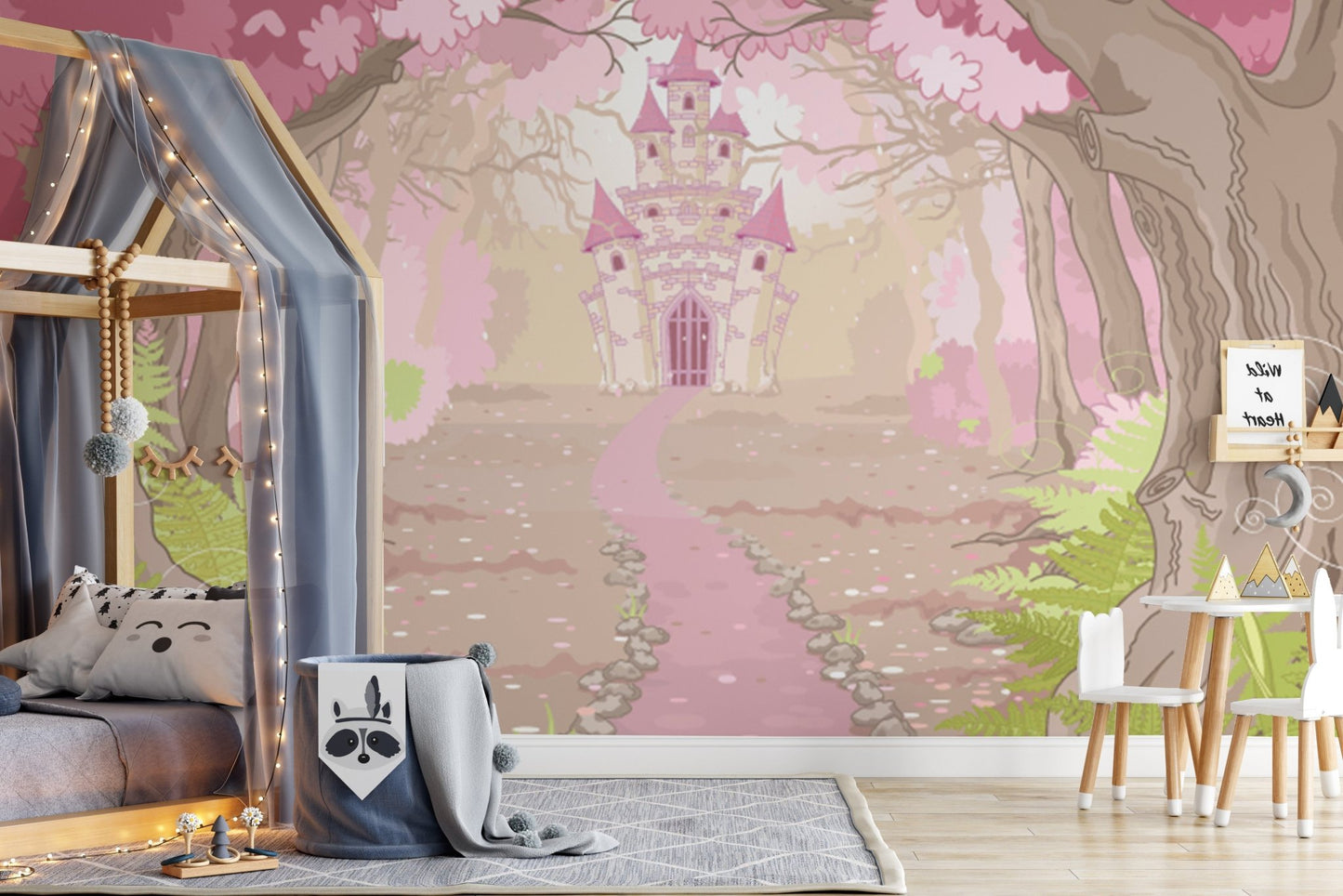Artistic wall mural featuring a majestic dream castle design in kids room.
