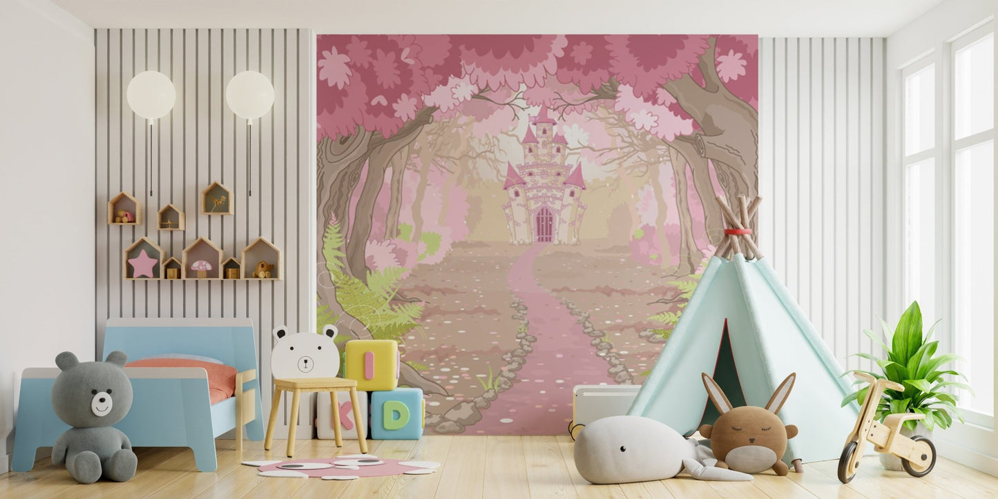 Dream castle wall mural for whimsical and elegant kids bedroom interiors.
