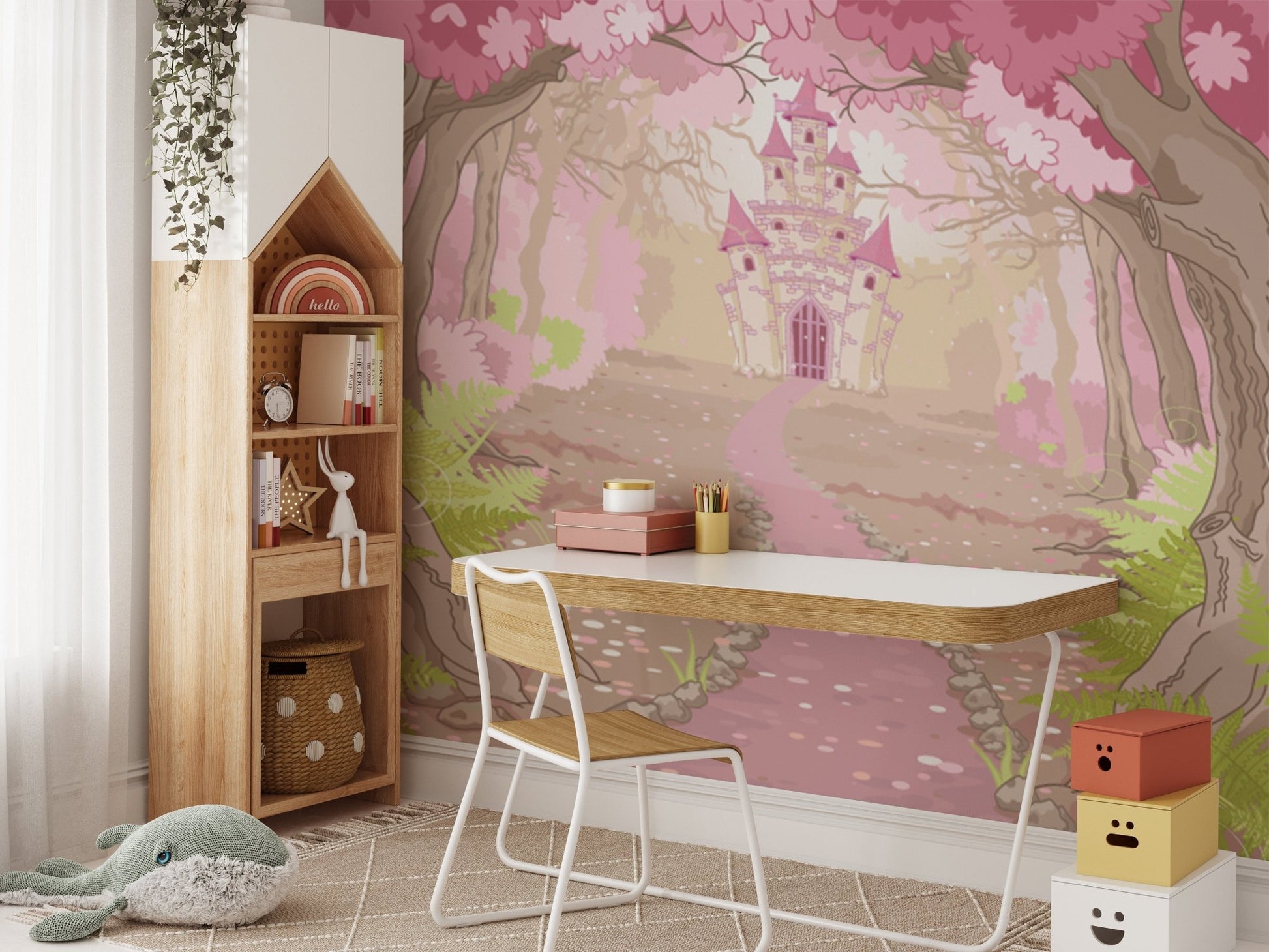 Enchanting castle mural creating a majestic dreamlike study room ambiance.
