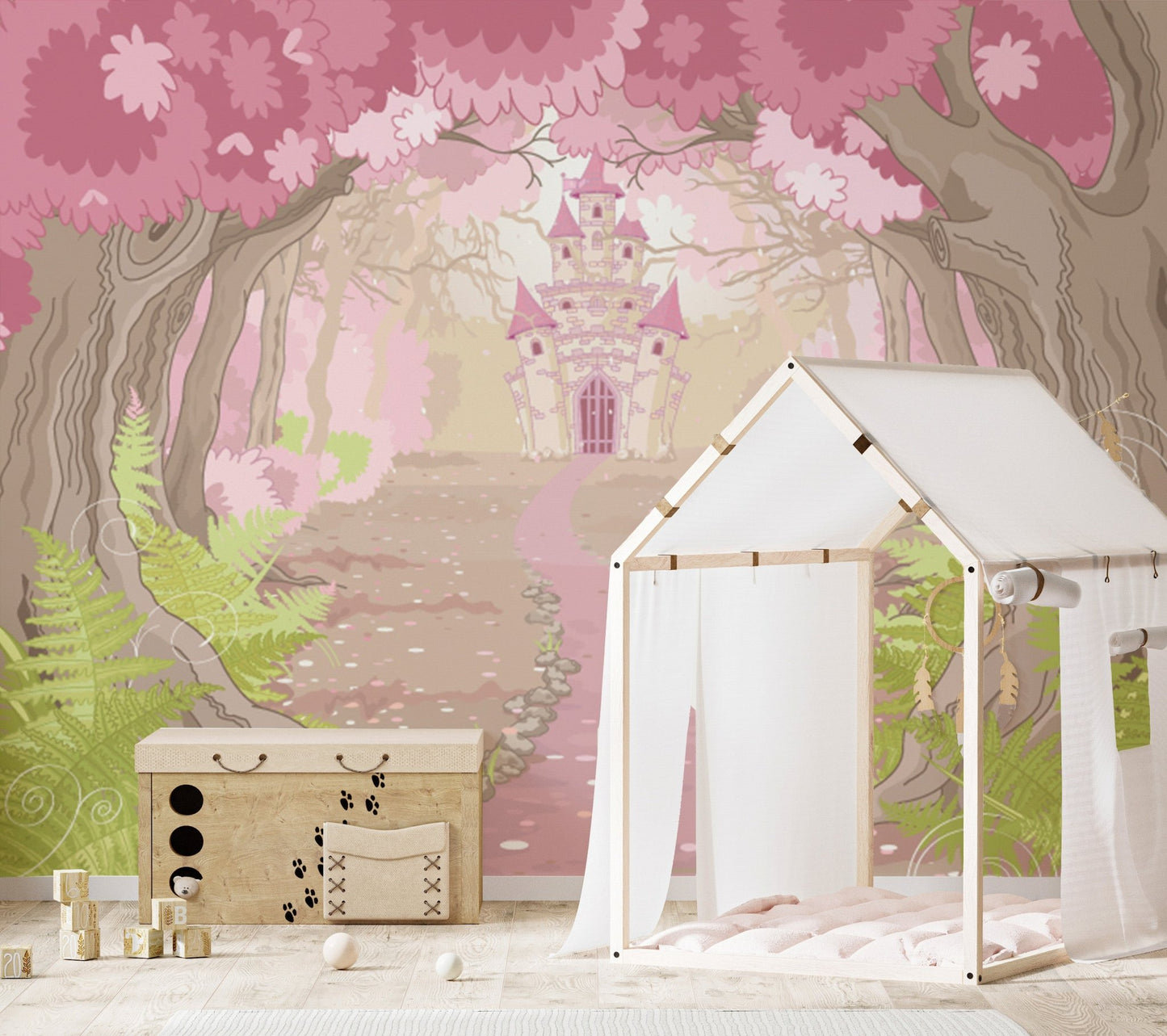 Dream castle mural with majestic architecture for nursery wall decor.
