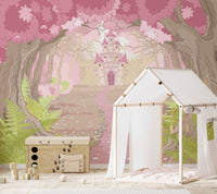 Dream castle mural with majestic architecture for nursery wall decor.
