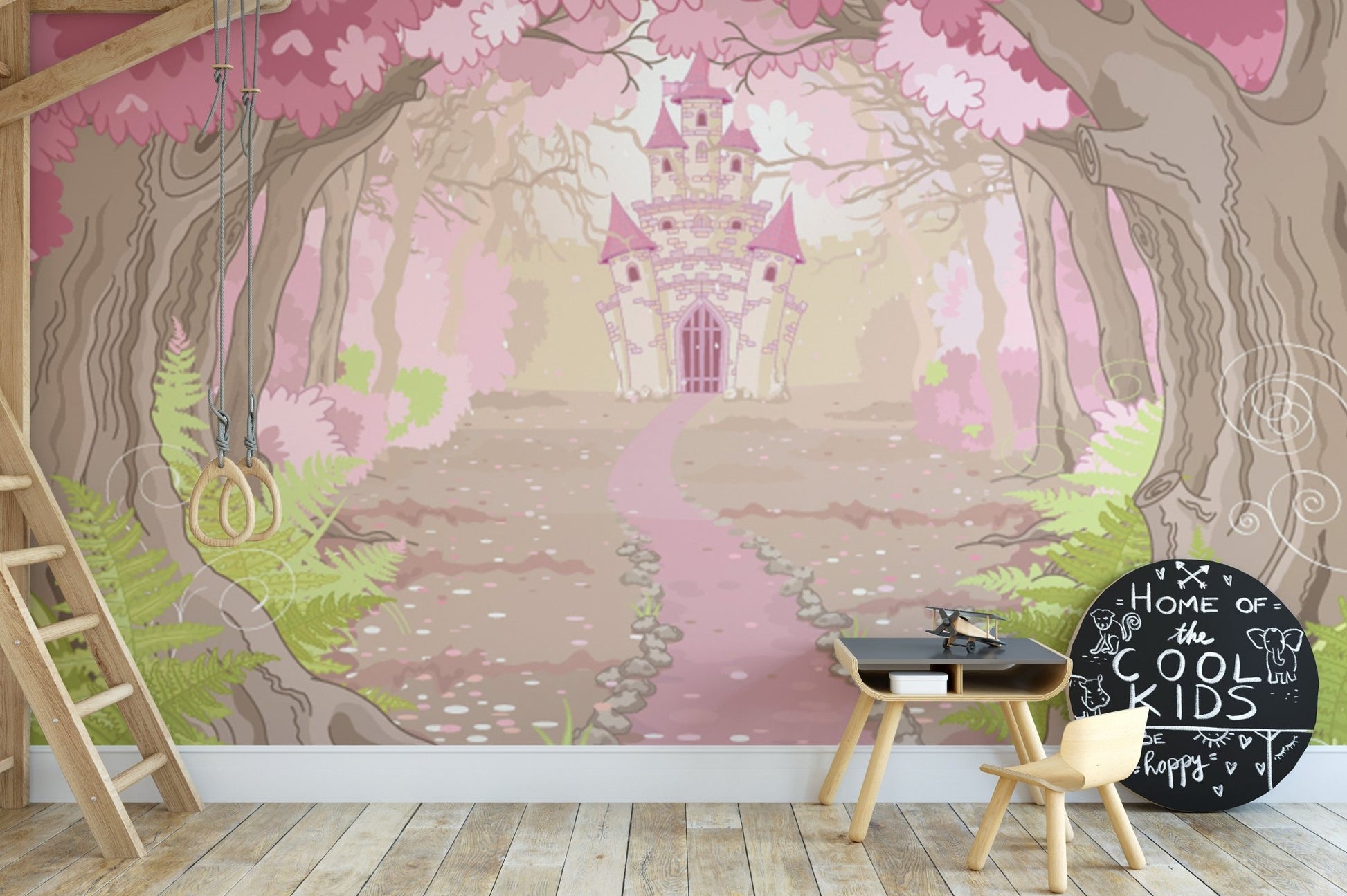 Majestic castle mural with dreamy details for a magical atmosphere in kids space.



